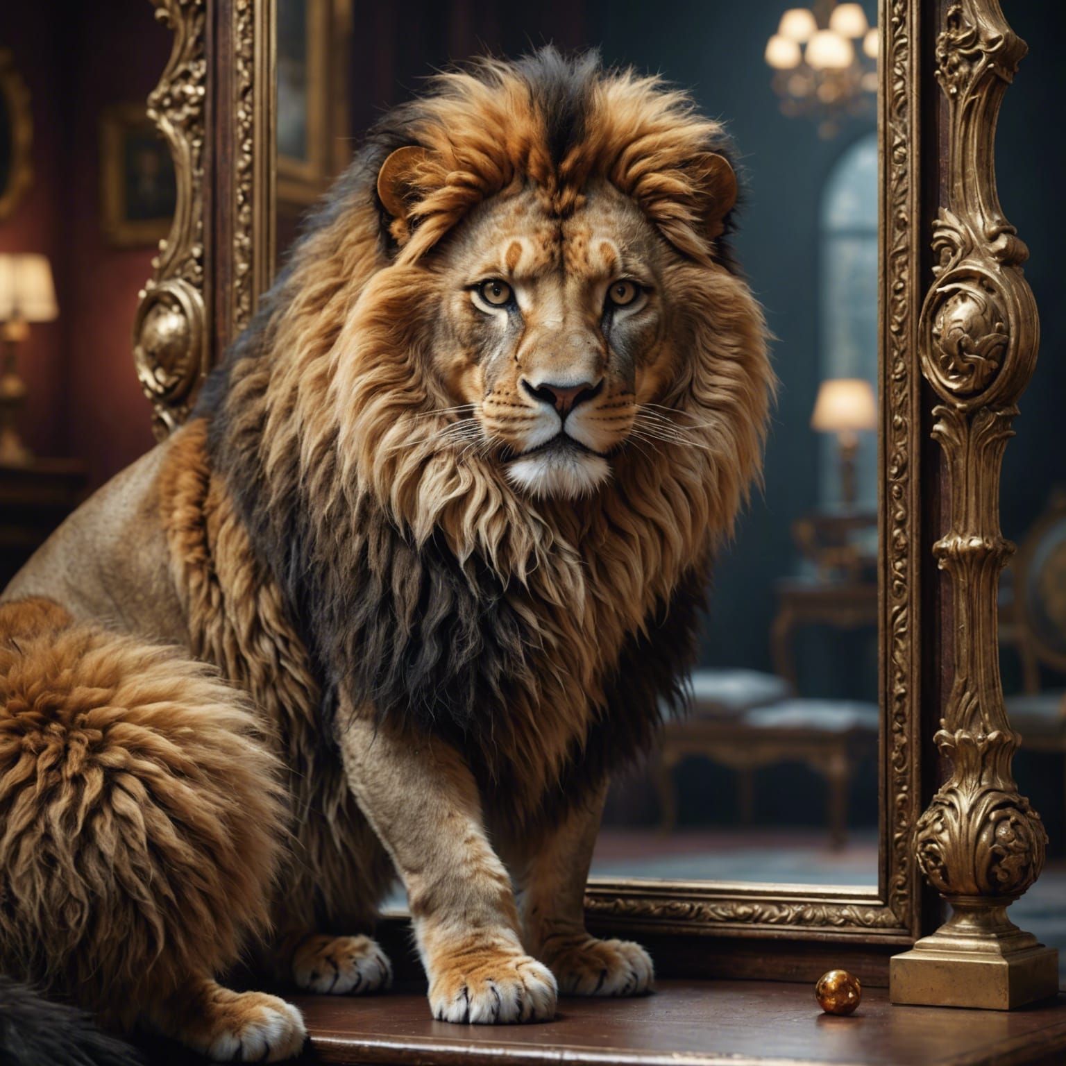 Cat's Majestic Lion Reflection: Fantasy Concept Art