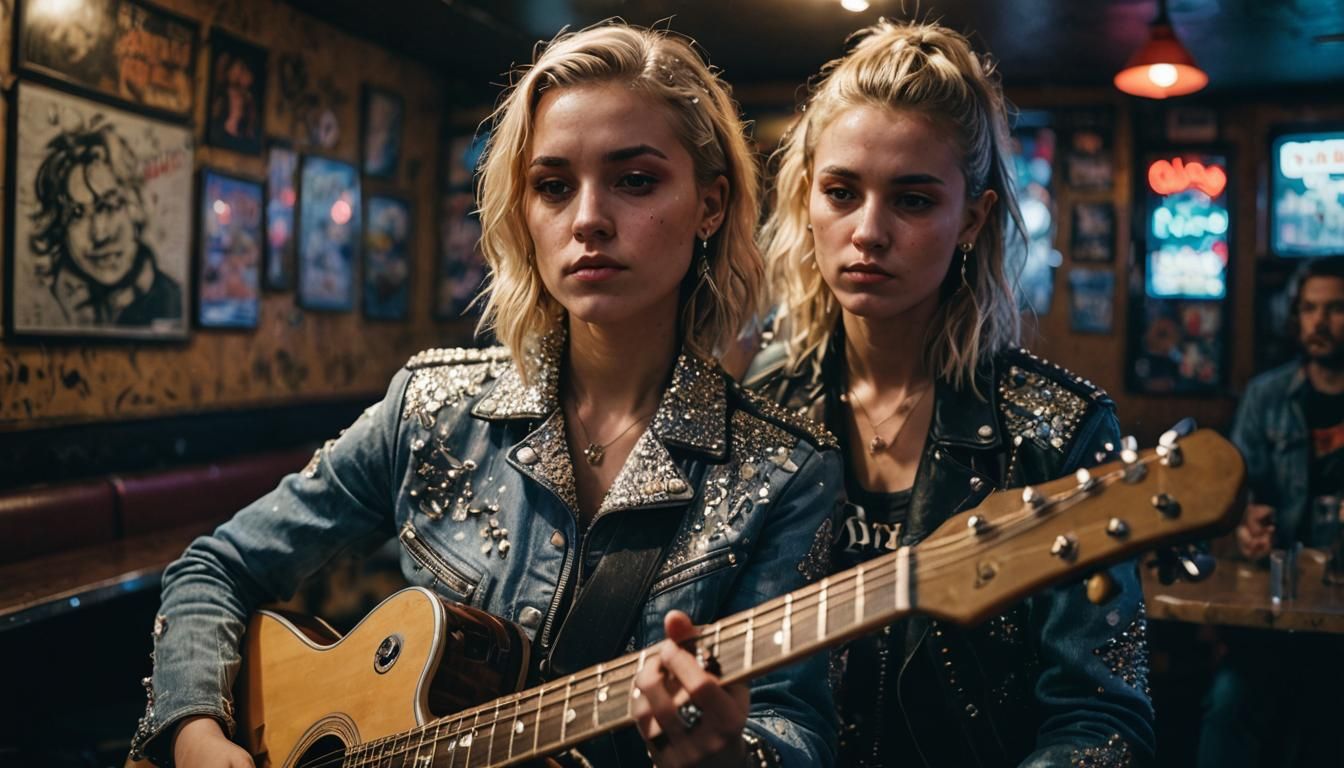 Blonde Singer Performing in a Dive Bar, Hyperrealistic Portr...