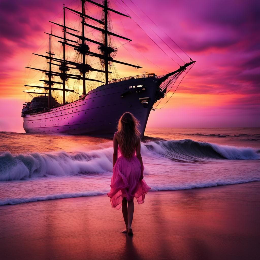 Giant Ship in Sunset Beach Storm: Digital Painting