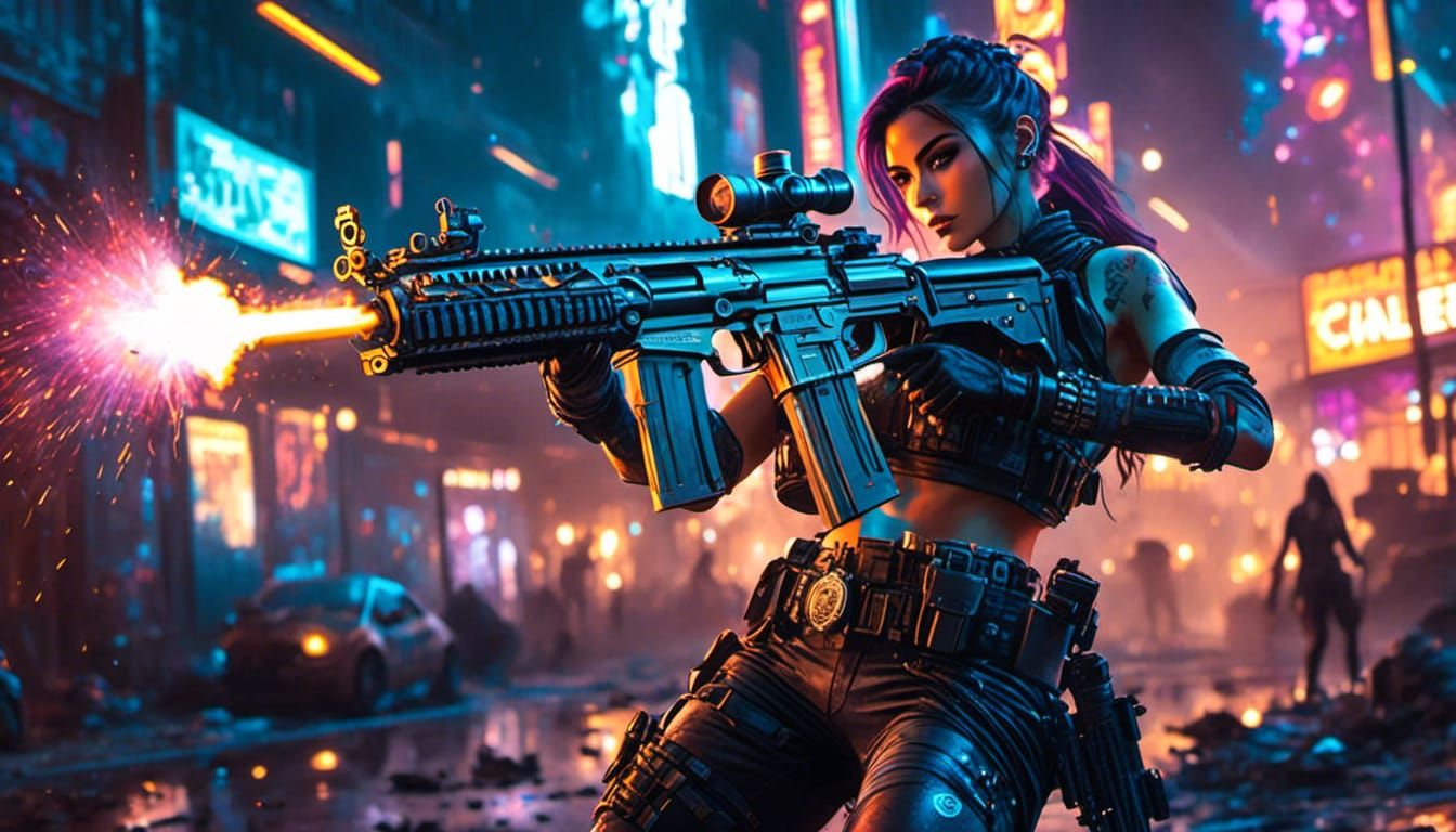 Cyborg Deity Fires Machine Gun in Dystopian Future
