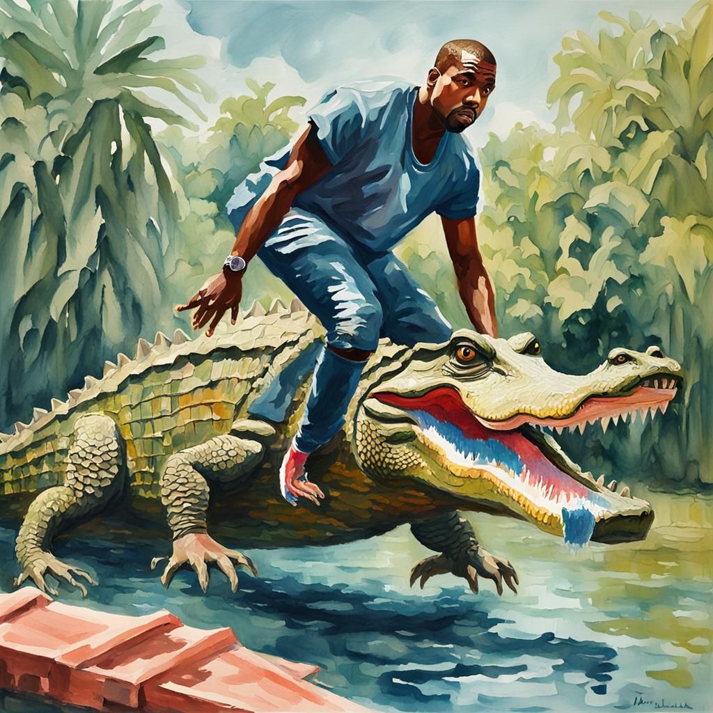 Kanye West Dunks on Alligator: Gouache Impressionist Style