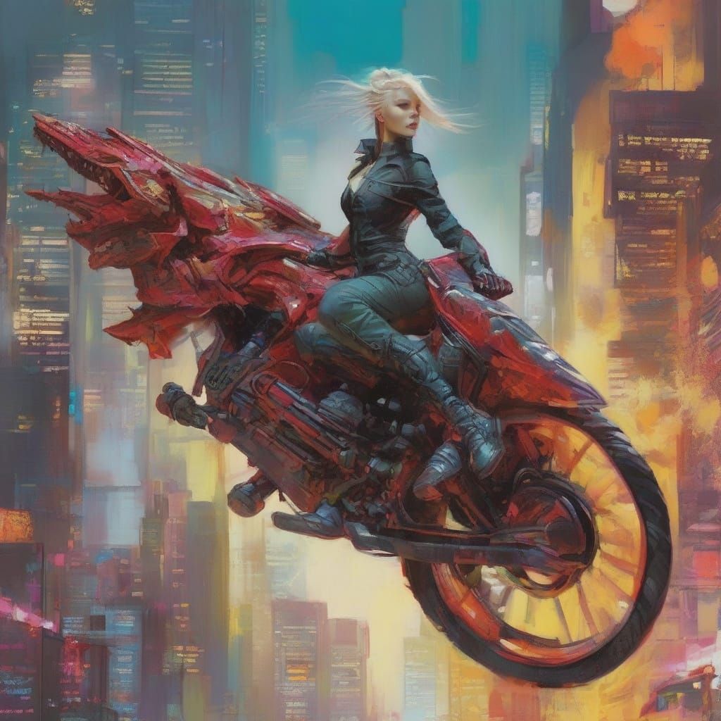 Valkyrie Rides Bio-Engineered Dragon in Cyberpunk City