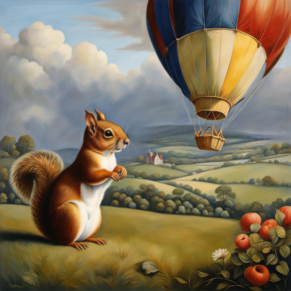Squirrel's Hot Air Balloon Adventure in Realism Style