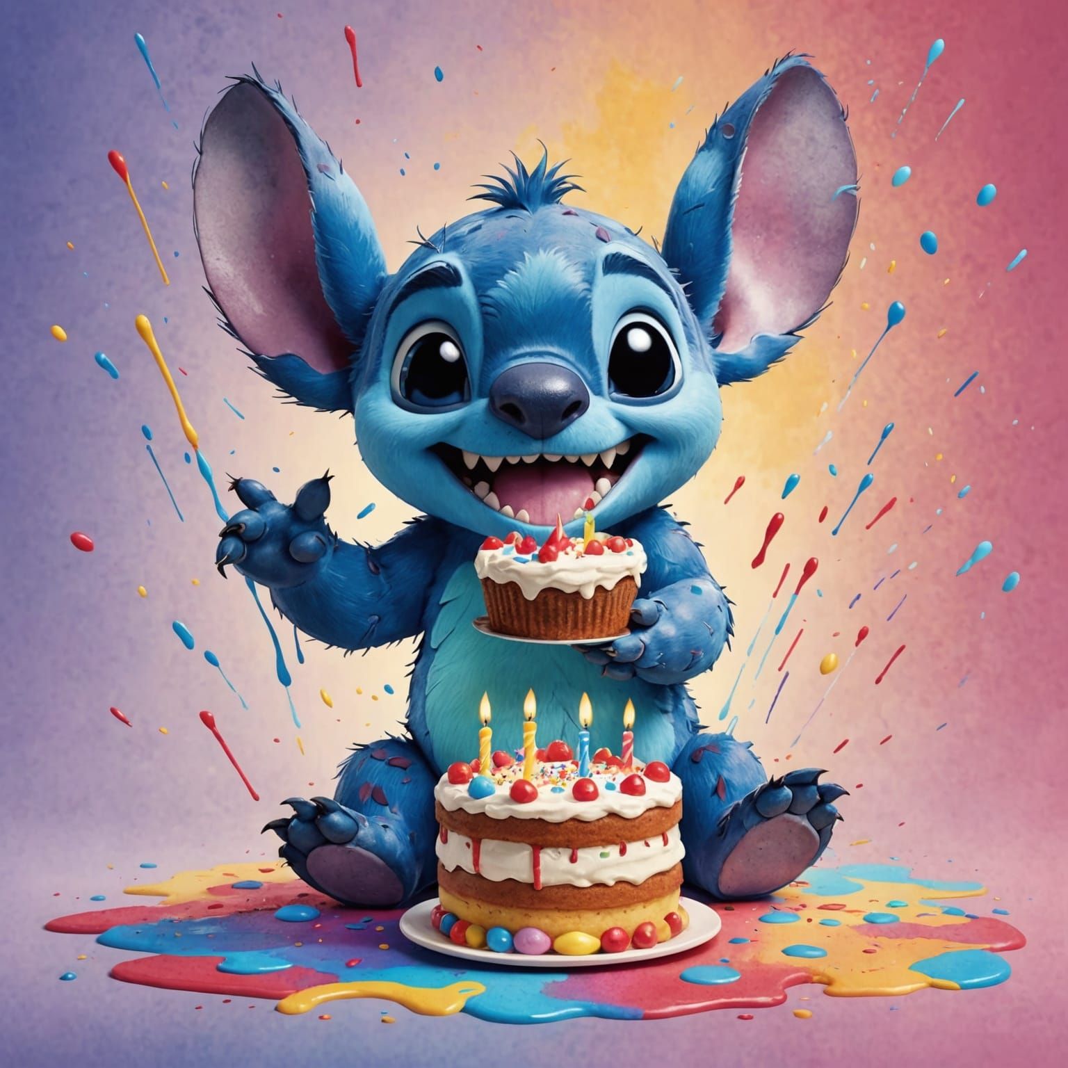 Cute Stitch with Birthday Cake in Watercolor Style