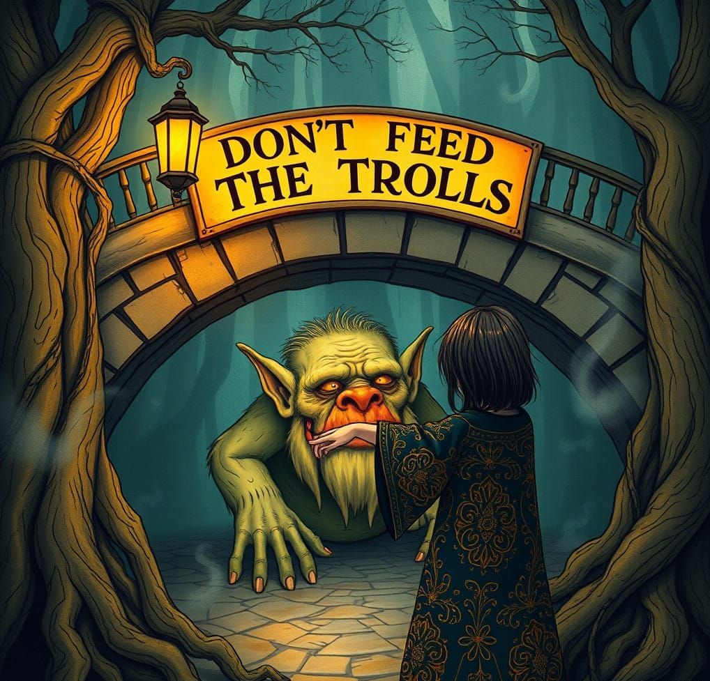 Golden Troll Lurks Beneath Bridge in Dark Fantasy Art