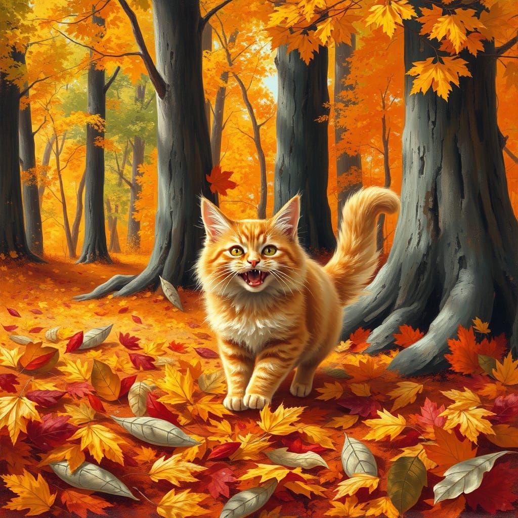 Vibrant Autumn Feline Joy in Whimsical Oil Painting Style