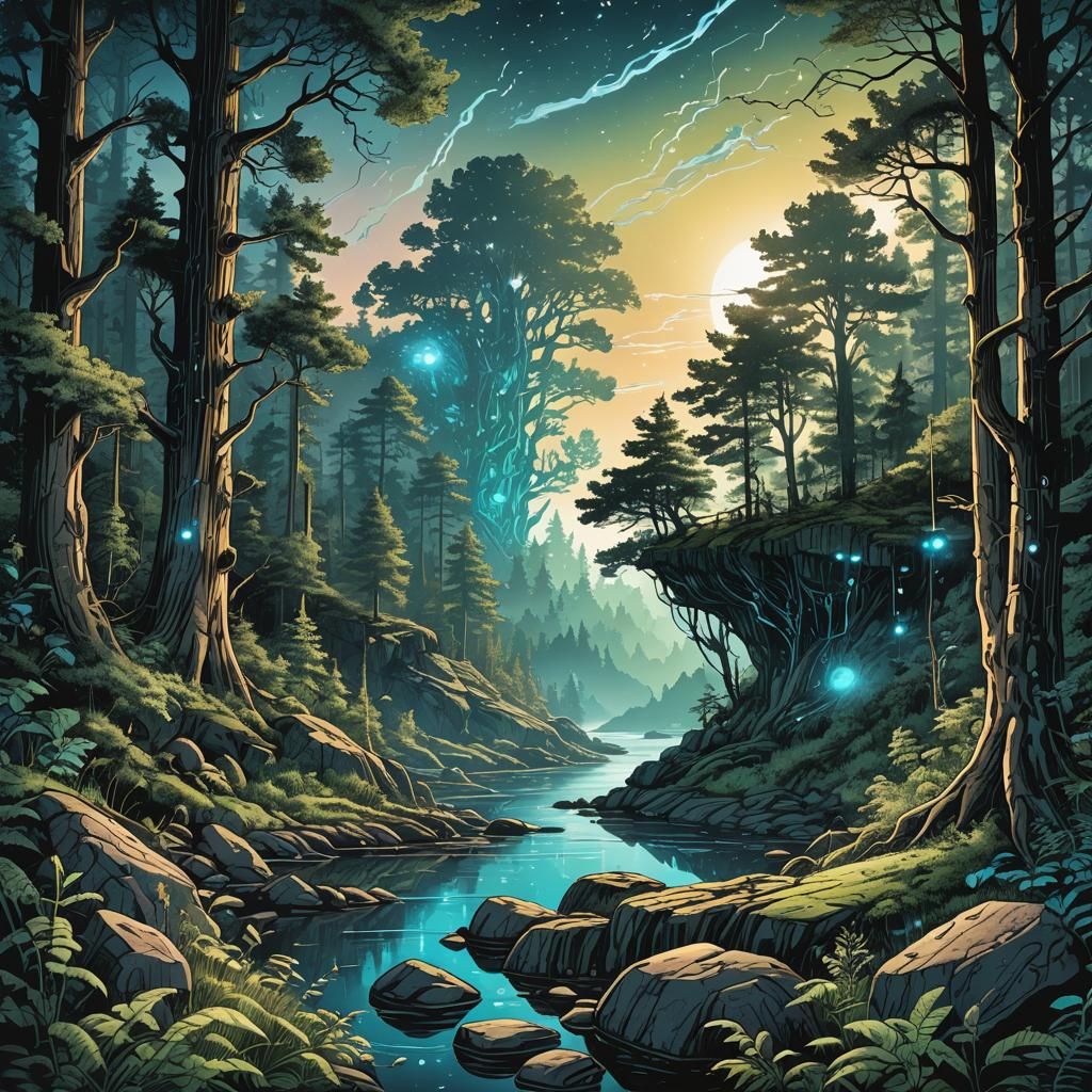 Bioluminescent Cybernetic Forest: Retro D&D Illustration