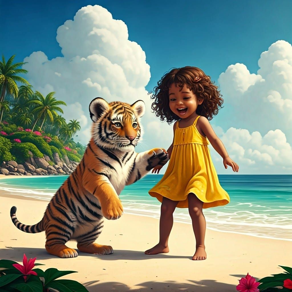 Whimsical Tiger Cub Playtime on a Tropical Beach