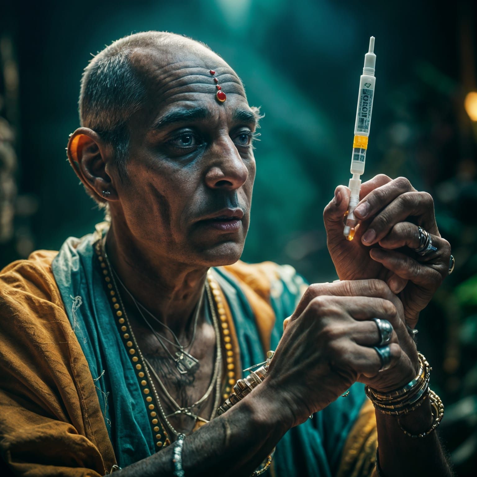 Dramatic Film Still of Hare Krishna Injection