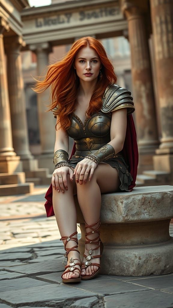 Auburn Haired Roman Warrior Seated in Ancient Ruins