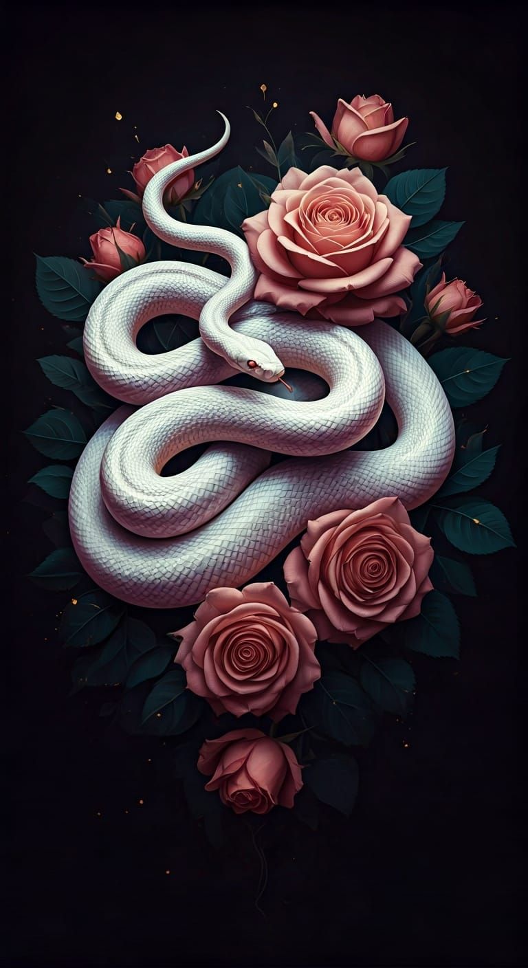 White Snake Coiled in Roses: Ominous Digital Art