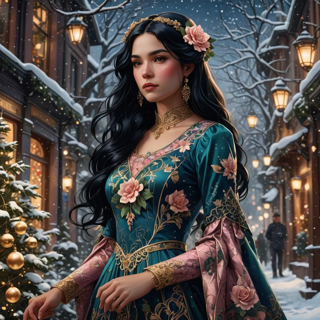 Art Nouveau Girl in Snowy Christmas Scene