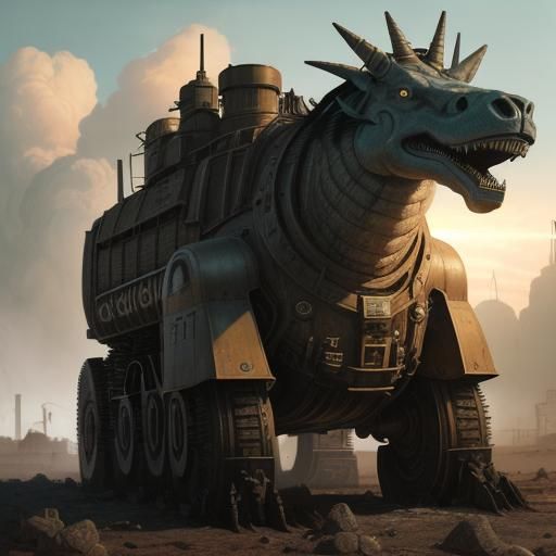 Dieselpunk Mechanic Confronts Stone Age Unicorn