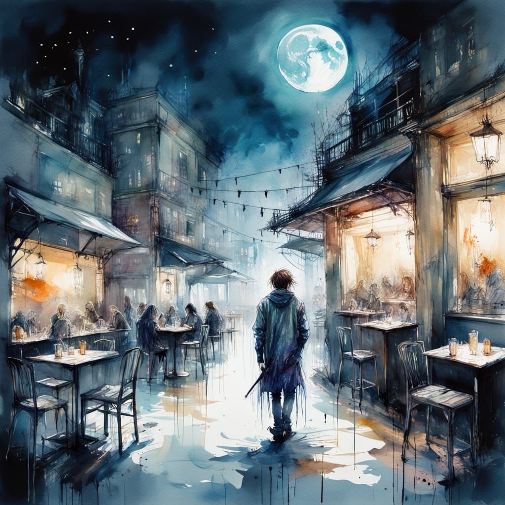 Spooky Moonlit Cafe with Ethereal Figures