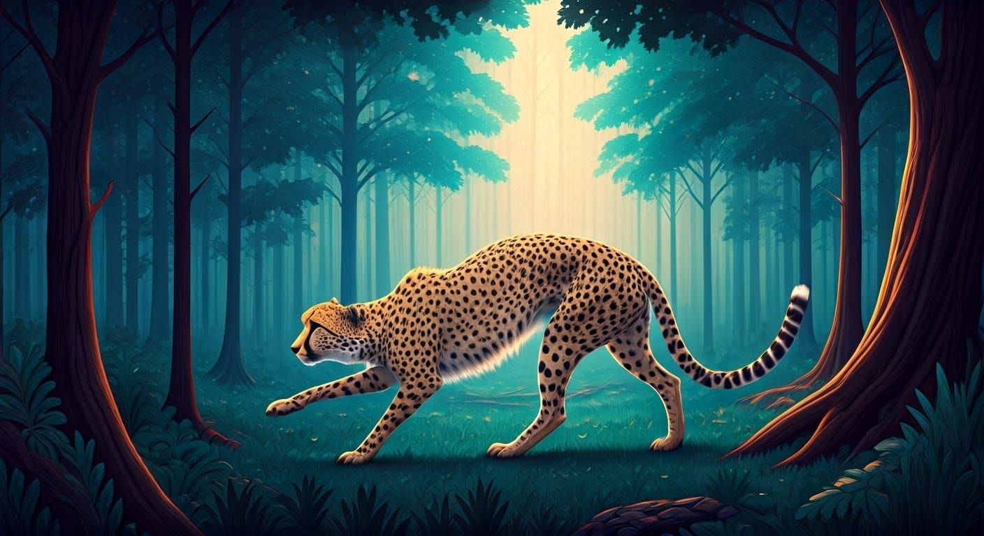 Cheetah Leaping in Mystical Forest, Dreamlike Digital Art