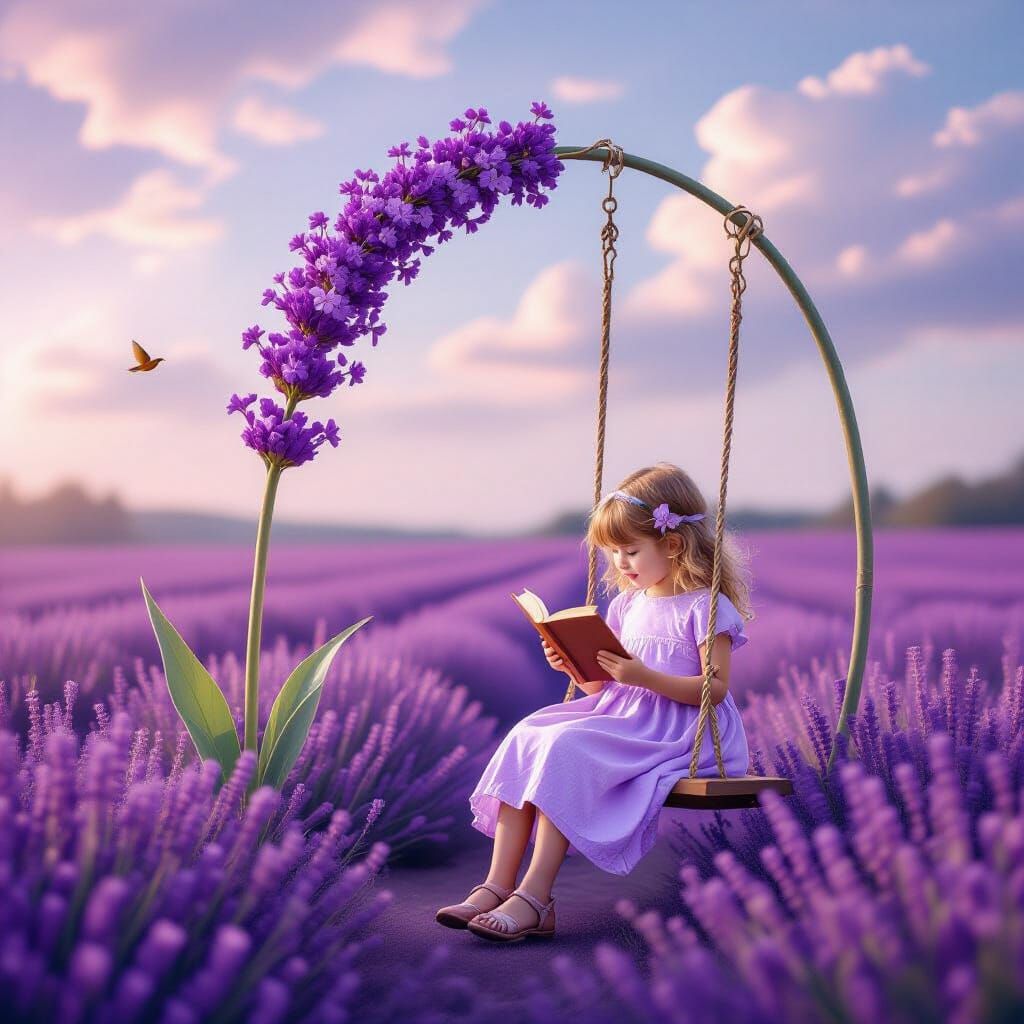 Girl Reading on Lavender Flower Swing