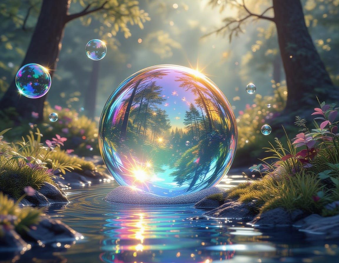 Macro View of Rainbow Opal Soap Bubbles in Misty Forest