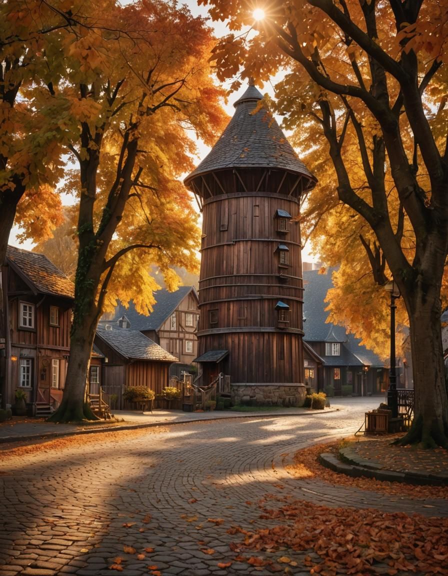 Rustic Autumn Village Water Tower in Golden Light
