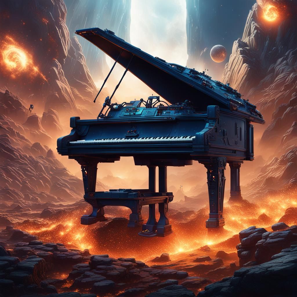 Pianist's Cosmic Performance in Fantasy Art Style