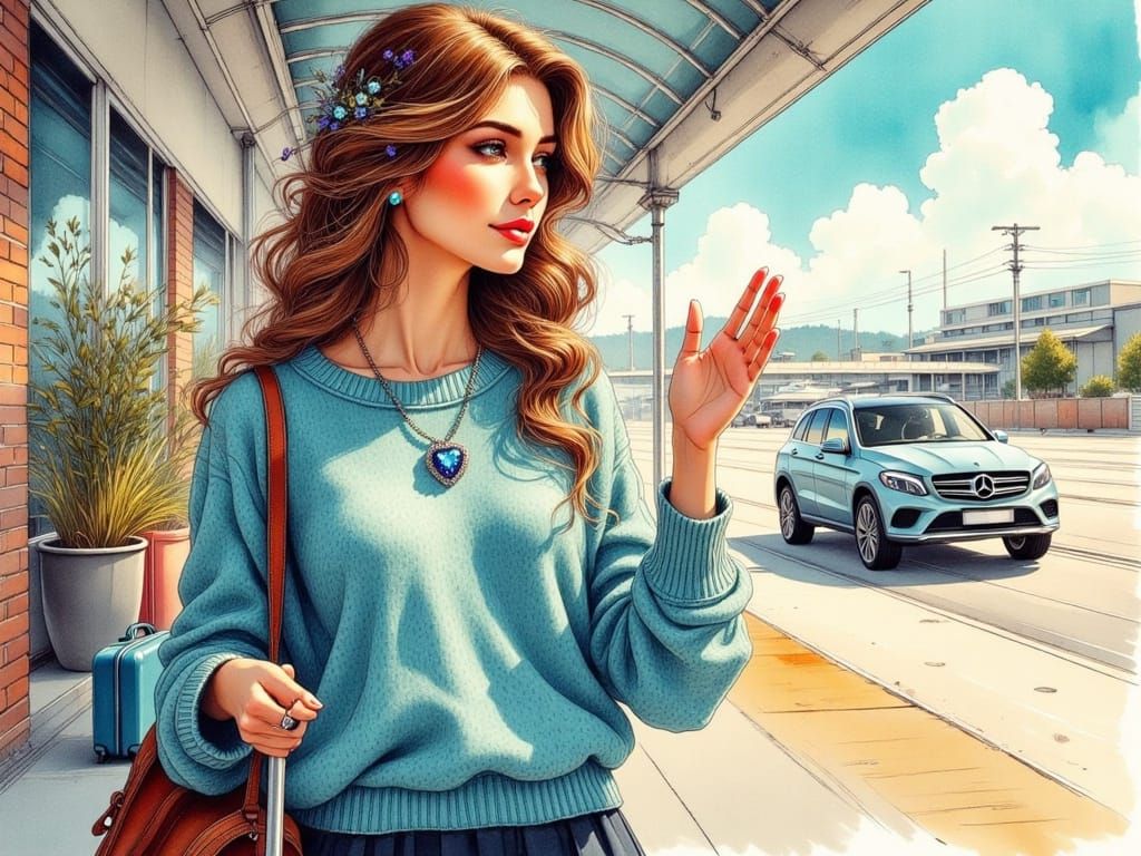 Melancholic Departure in Vibrant Colored Ink Style