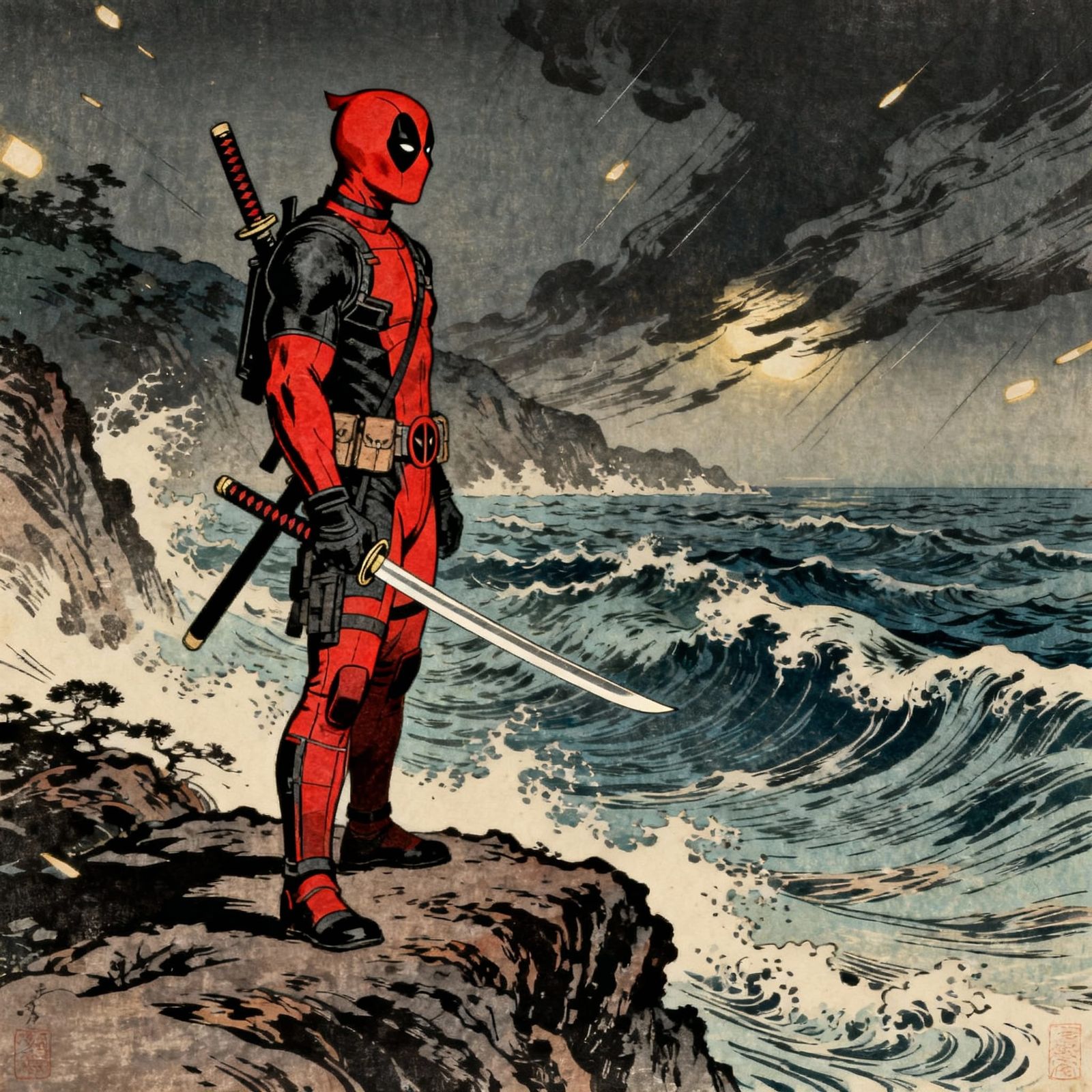 Deadpool on Cliff Overlooking Stormy Sea Ukiyo-e Style