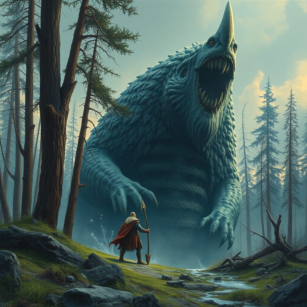 Viking Confronts Giant Crocodile in Nordic Forest