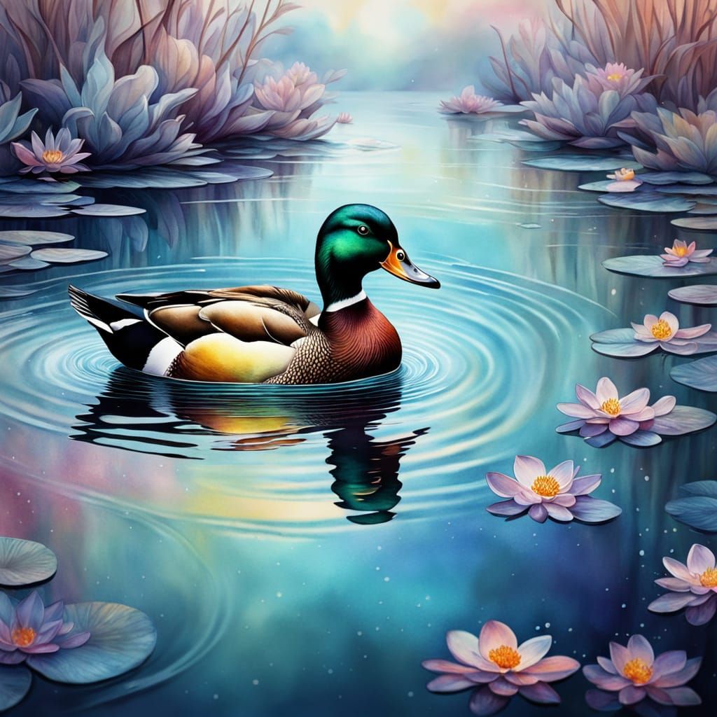 Dreamy Cosmic Duck in Iridescent Watercolor