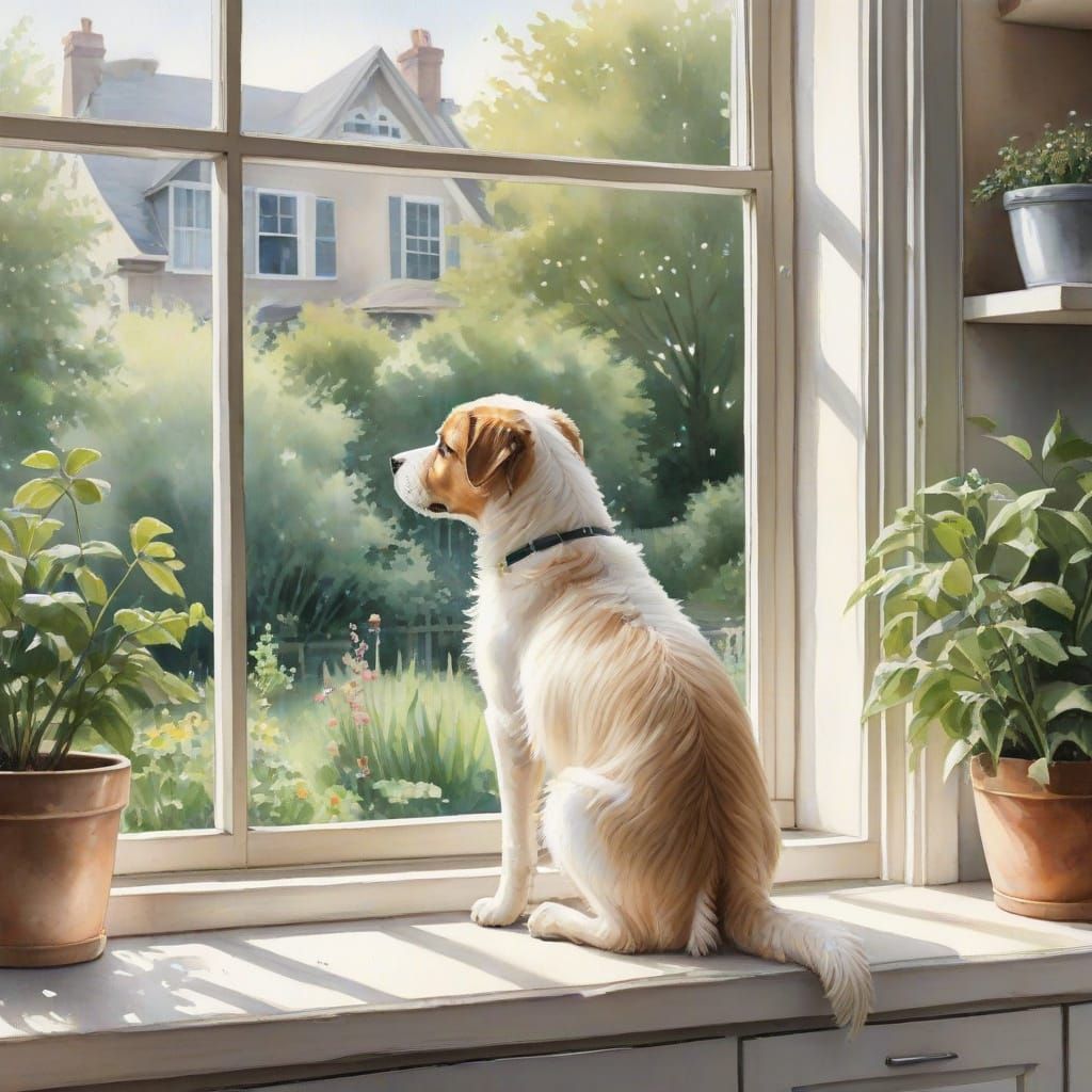 Adorable Watercolor Puppy Looks Out to Serene Garden Scene