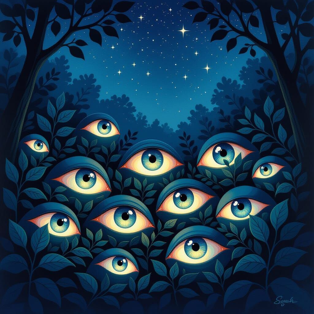 Glowing Eyes in Dark Foliage: Gouache Painting