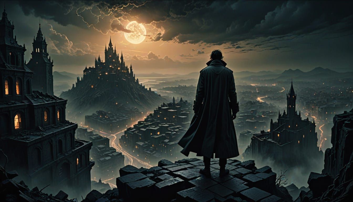 Surrealist Figure Stands at Edge of Labyrinthine City