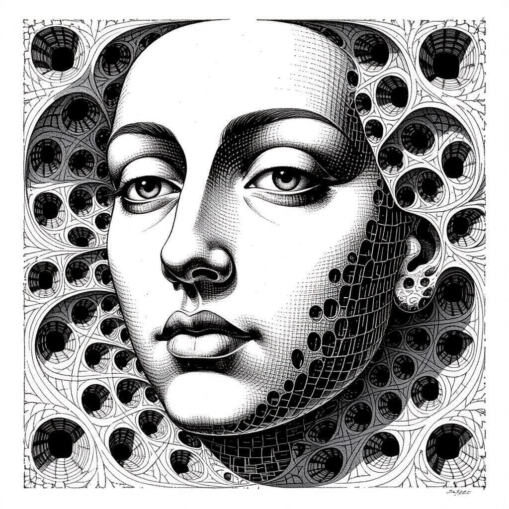 Surreal Face Building Line Drawing in Spiral Style