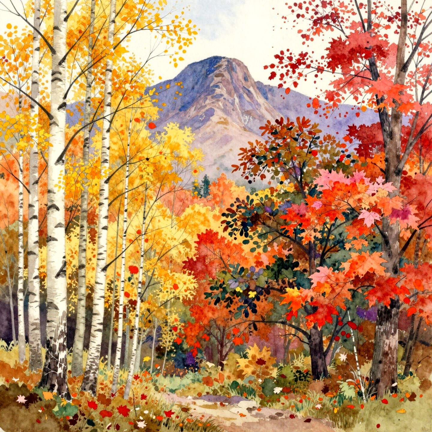 Autumn Forest Watercolor Painting with Mountains
