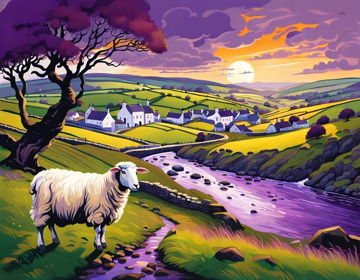 Irish Sheep Grazing Near Waterfall: Whelan Style