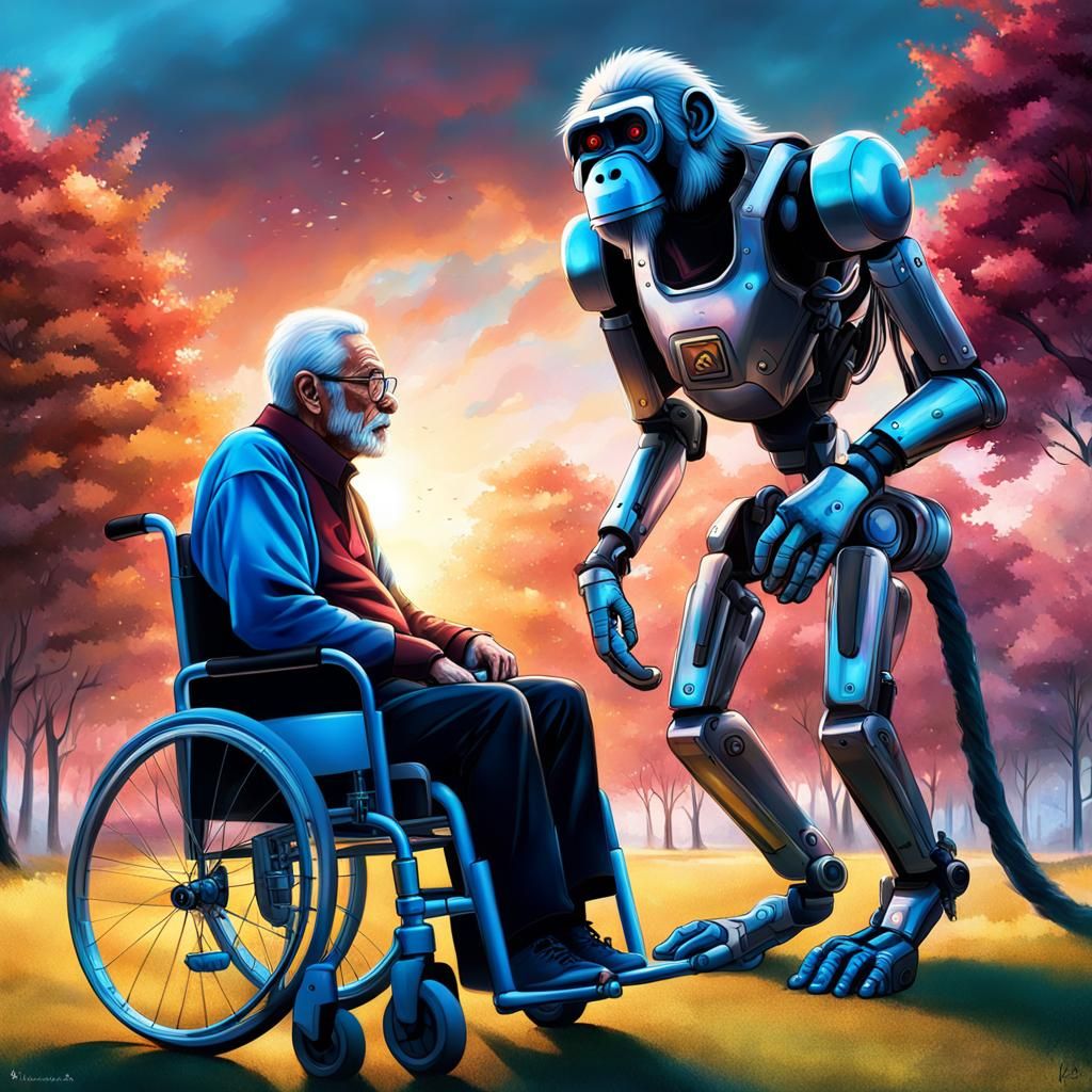 Senior man in wheelchair,  with a Cyborgs robot monkey looking futuristic silver Burgundy blue as a assisting attendant ...