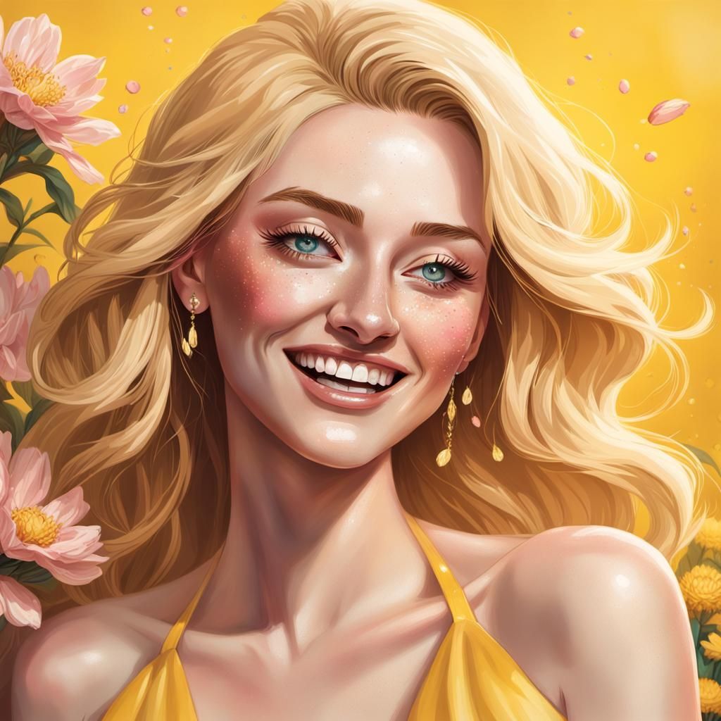 Laughing Blond Woman with Pink Aura: Hyperrealistic Art