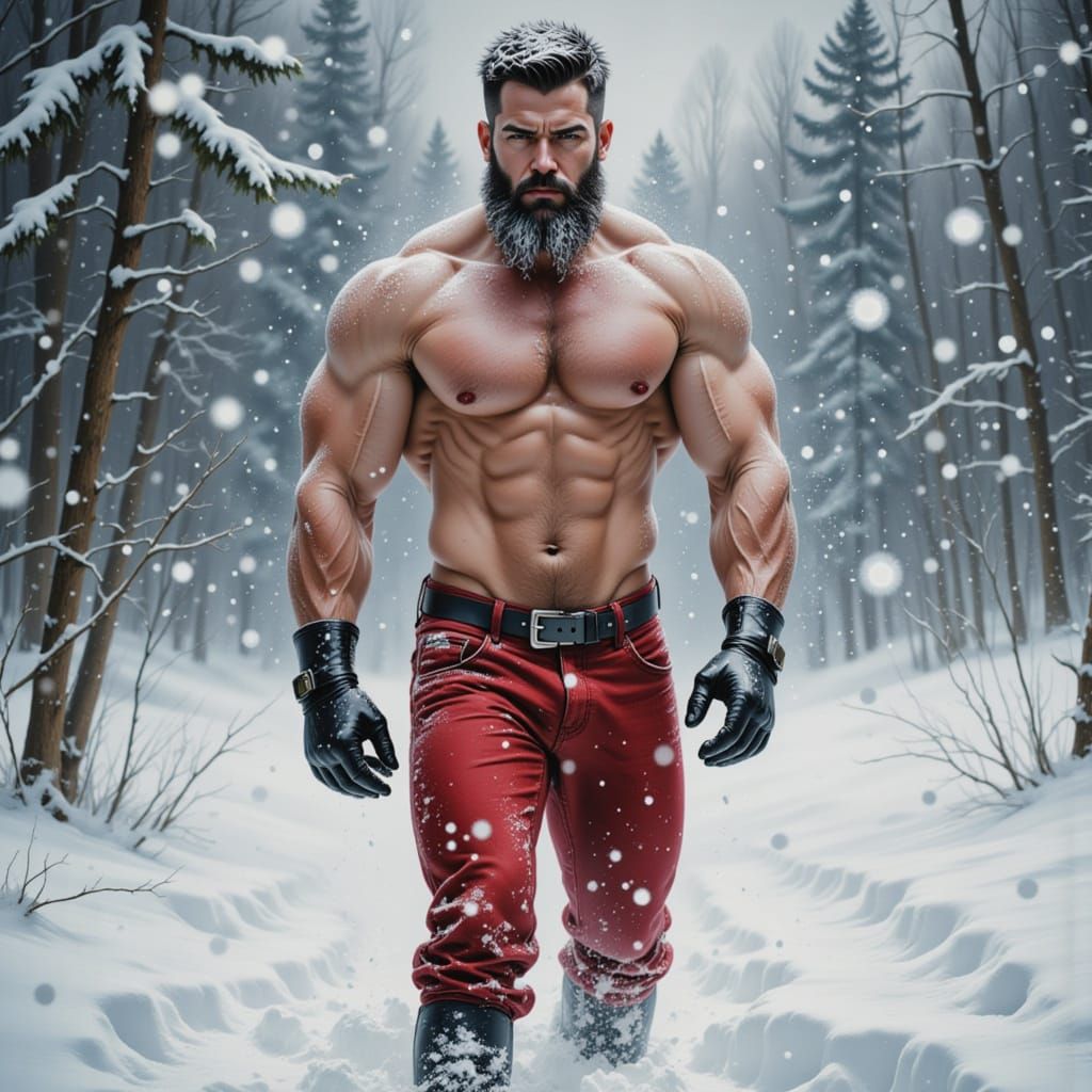 Santa's Strength: Muscular Man in a Festive Snowstorm