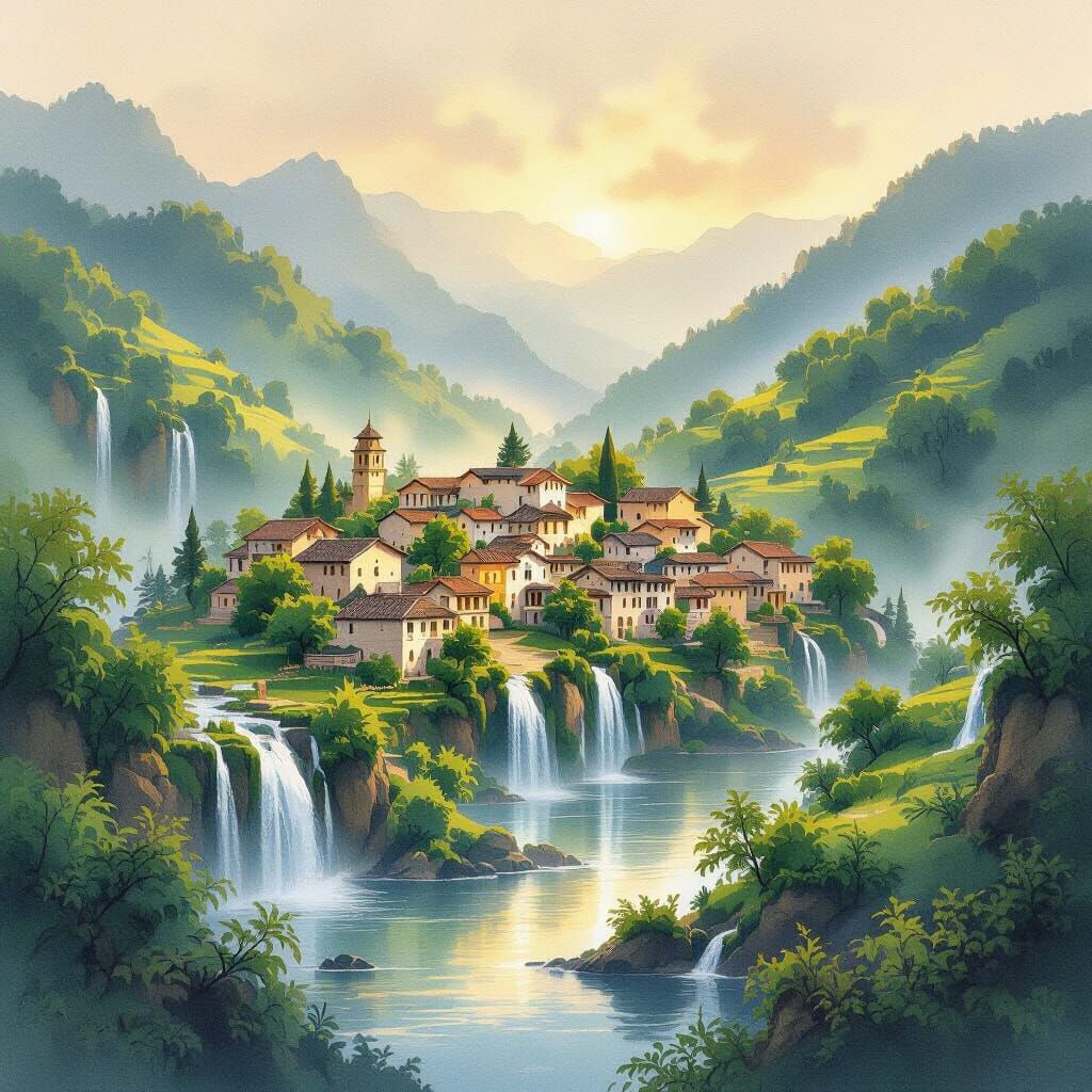 Tranquil Village Scene in Golden Hour Watercolor