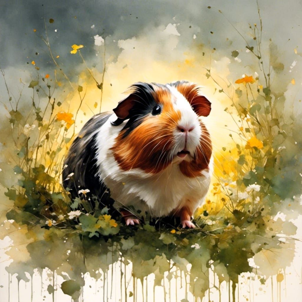 Guinea Pig Oil Splash Painting on Spring Morning