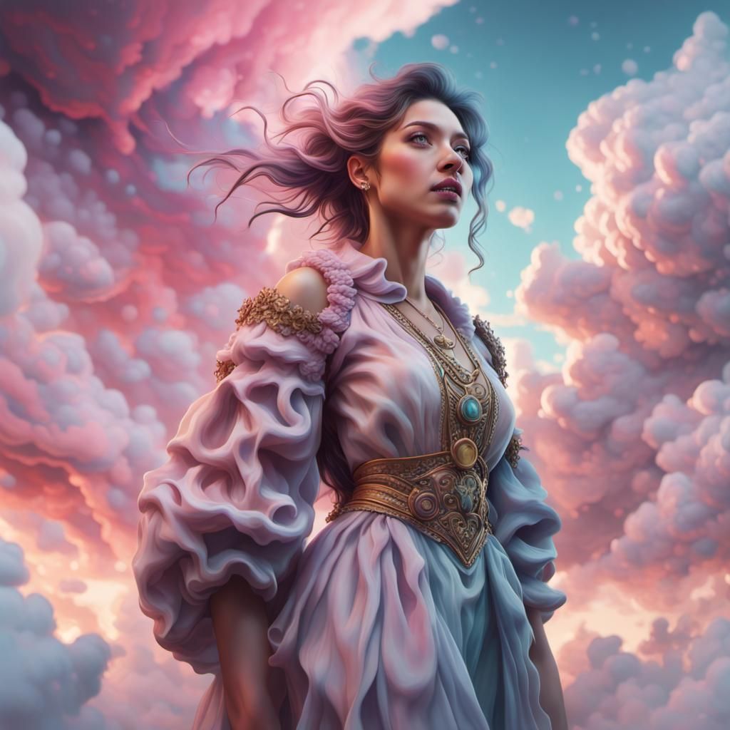 Woman in Pastel Clouds: Fantasy Concept Art