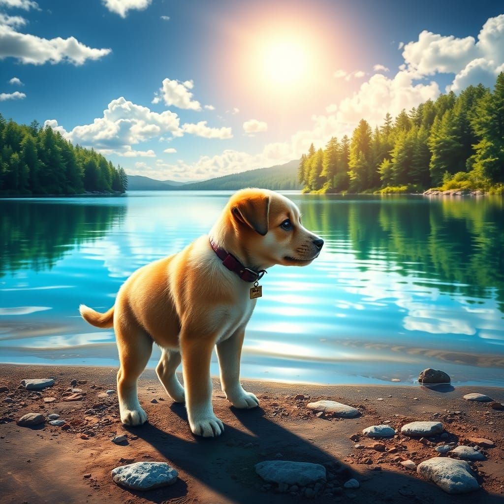Puppy's Reflection on Serene Lake: Matte Painting