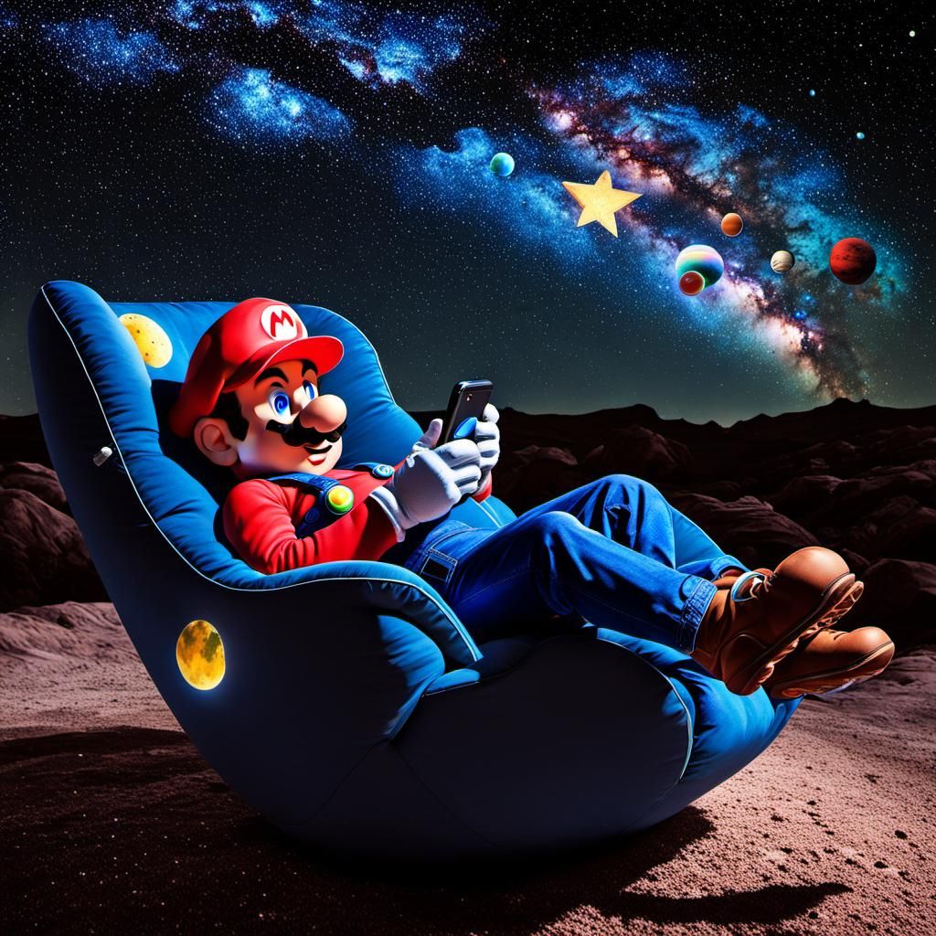 Hyperrealistic Super Mario Relaxing Under Starry Sky
