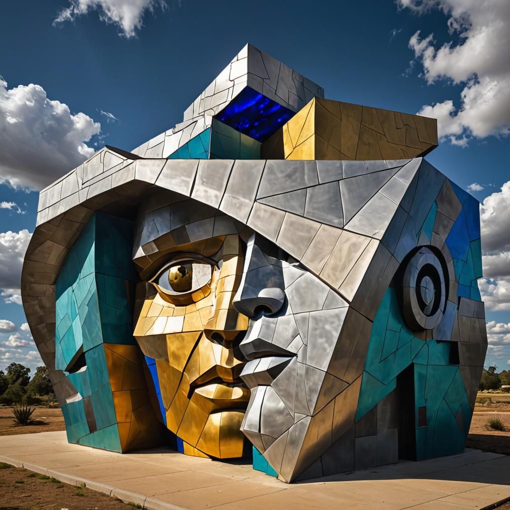 Museum Visitors Greeted by Cubist Sculpture in Galaxy