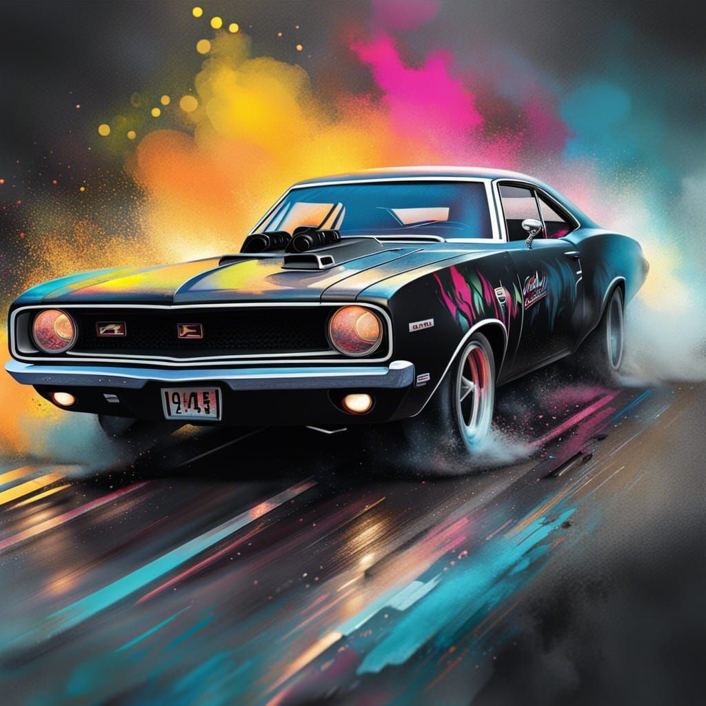 Muscle Car Drag Racing with Blazing Burnout in Graffiti Art