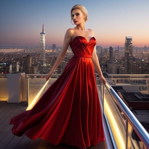 Elegant Blonde in Red Gown on Rooftop Balcony