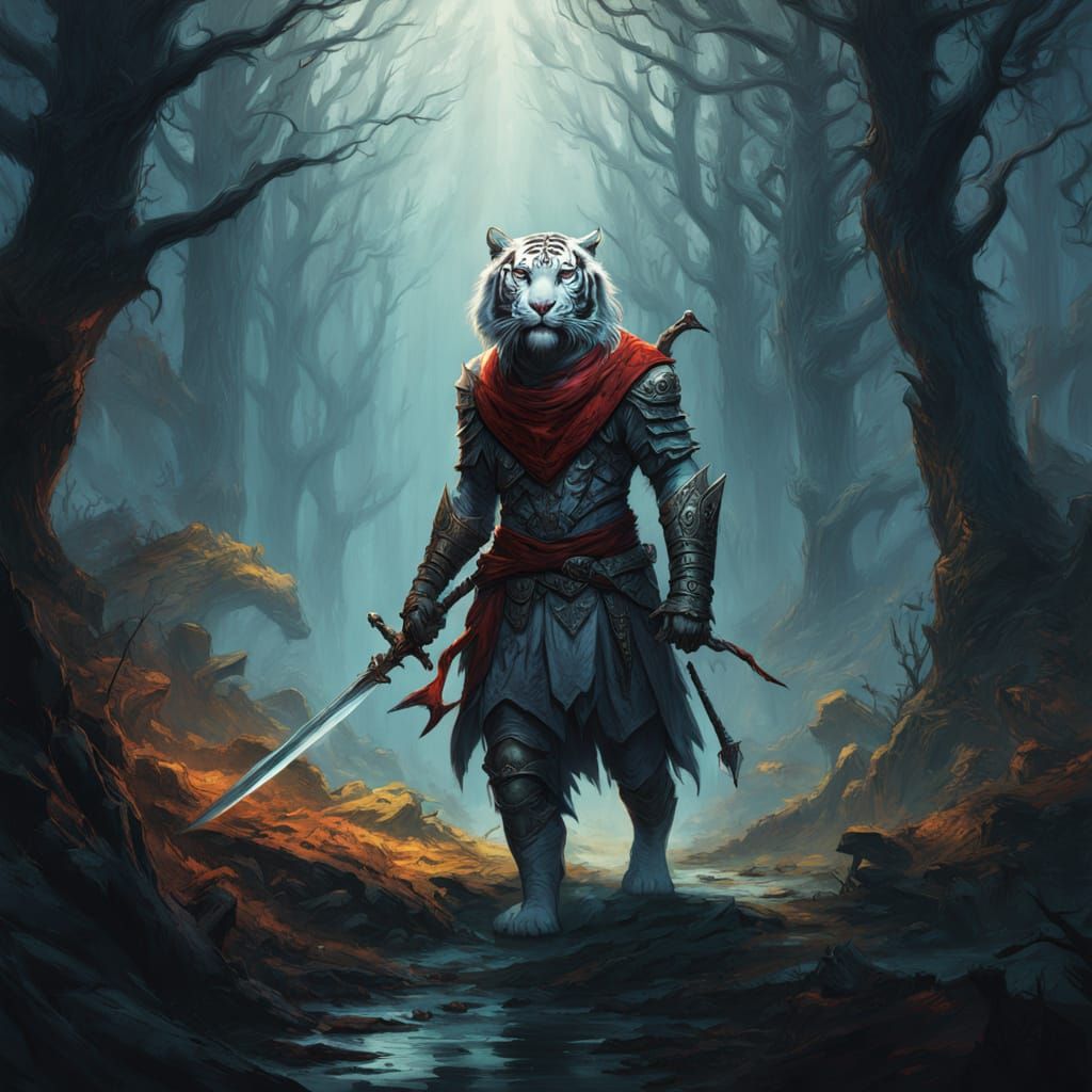 White Tiger Warrior in Misty Forest