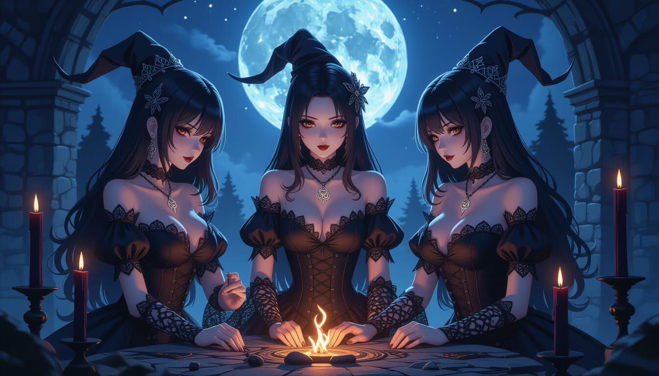 Gothic Witches' Ritual Under the Moon, in Anime Style