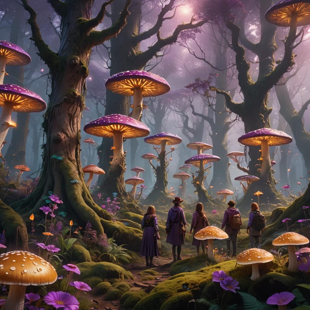 Mystical Forest: Happy People Surrounded by Glowing Flora