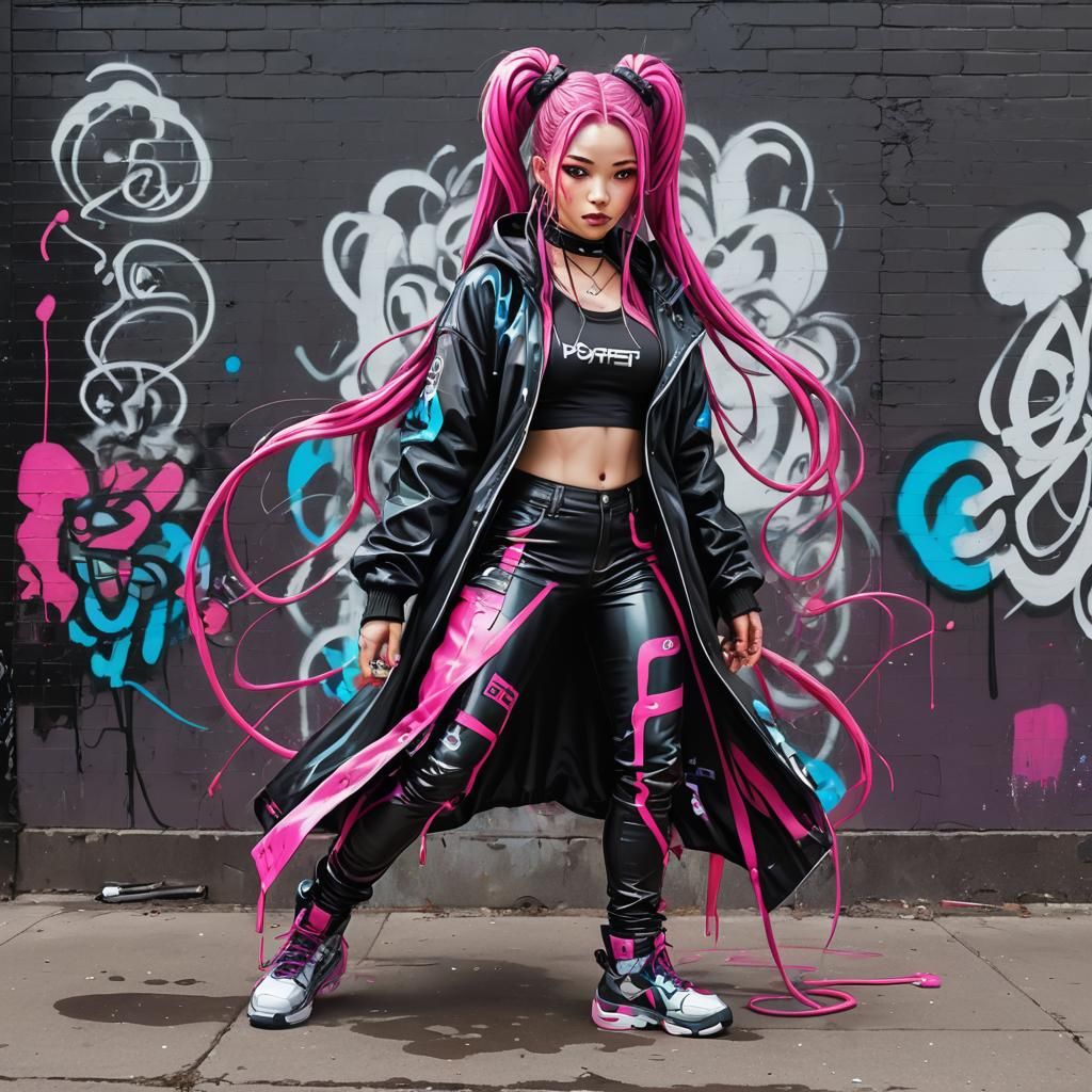 Cyberpunk Anime Woman with Braids and Graffiti Art