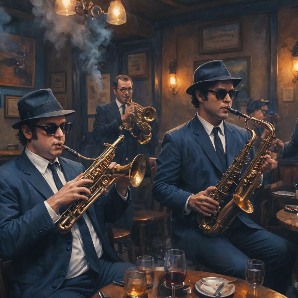 Blues Brothers in Gloomy Cafe: Detailed Digital Art