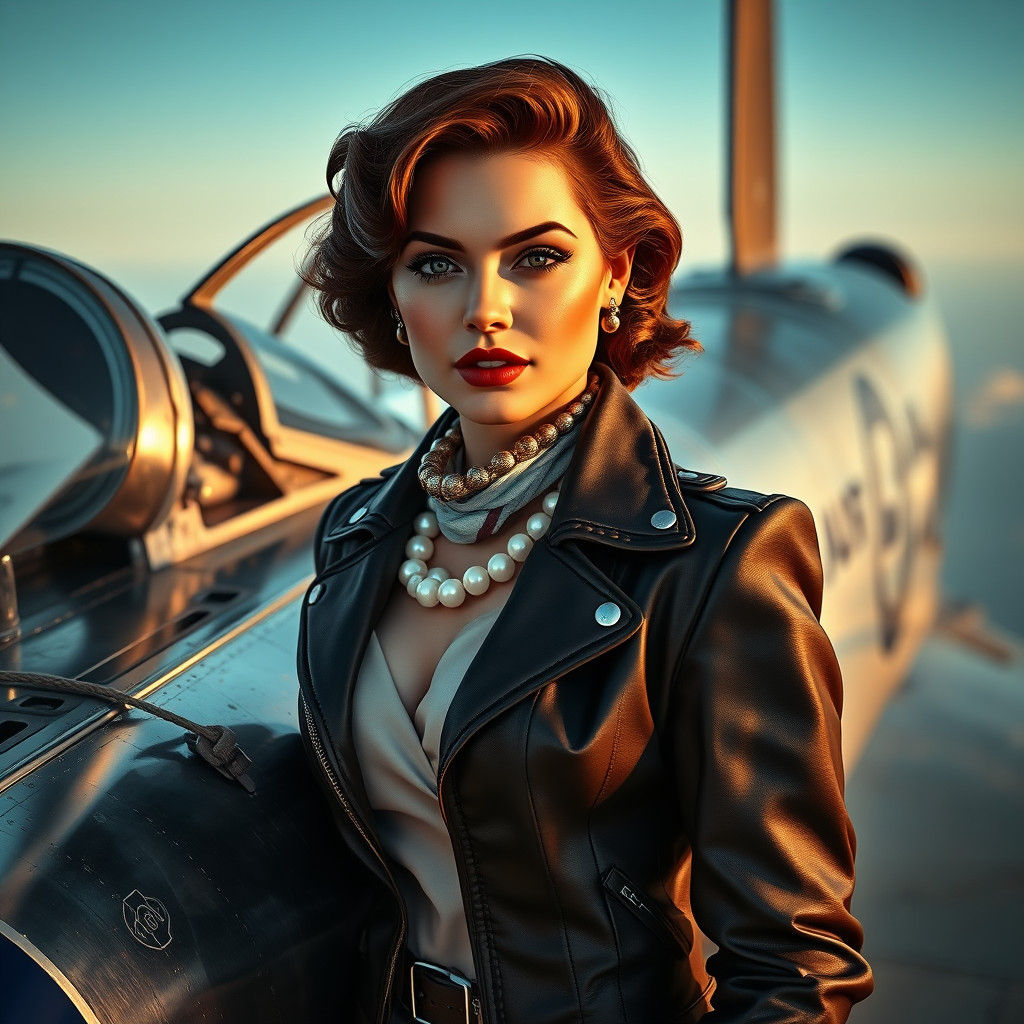 Vintage Pin-Up Model on Bomber Plane, Splash Art